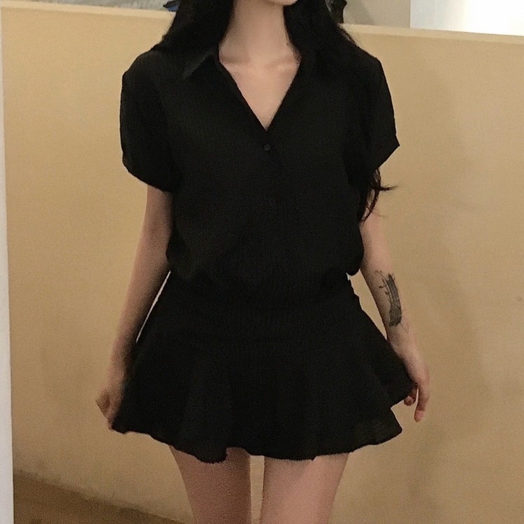 ストライプスモックバンディングミニワンピース BLACK