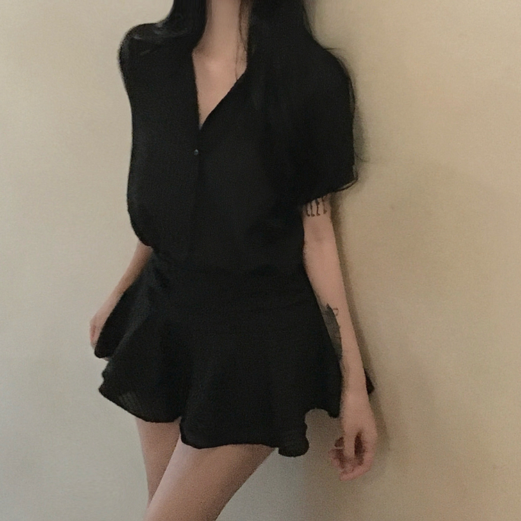 ストライプスモックバンディングミニワンピース BLACK