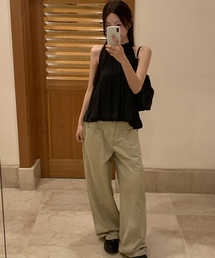 スタッズコットンカーブドワイドパンツ BEIGE