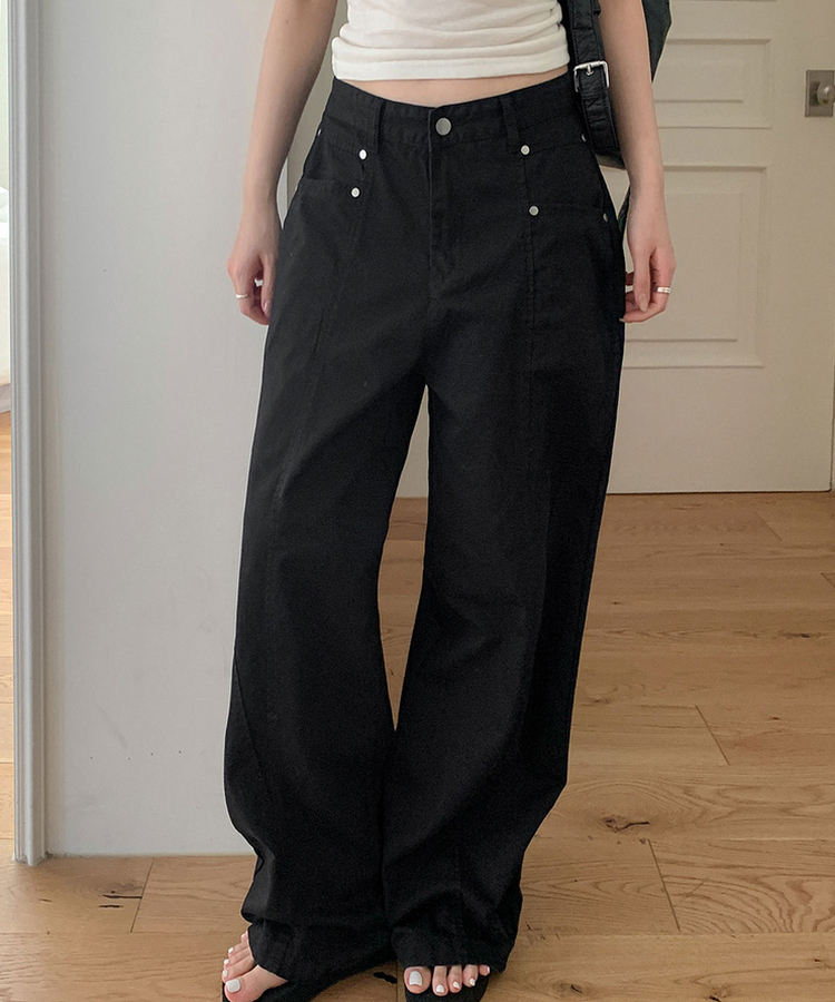スタッズコットンカーブドワイドパンツ BLACK