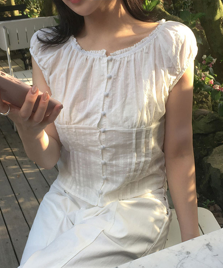 ボタンピンタックレース半袖ブラウス IVORY