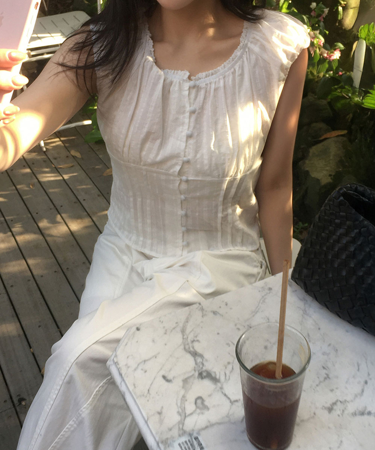 ボタンピンタックレース半袖ブラウス IVORY