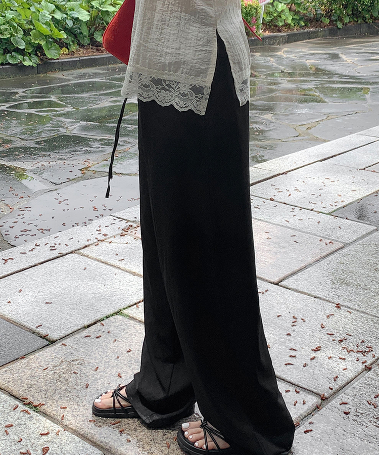 【丈別】ナイロンワイドウエストゴムパンツ BLACK