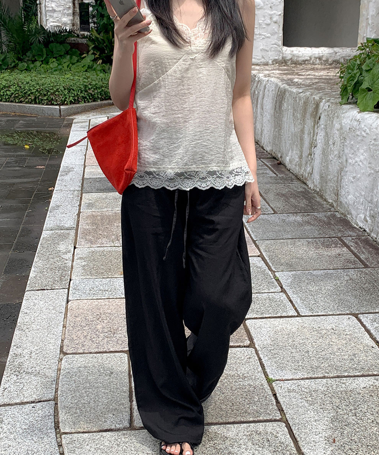 【丈別】ナイロンワイドウエストゴムパンツ BLACK