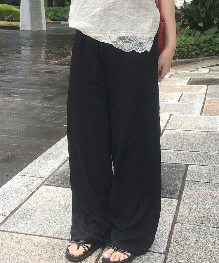 【丈別】ナイロンワイドウエストゴムパンツ BLACK