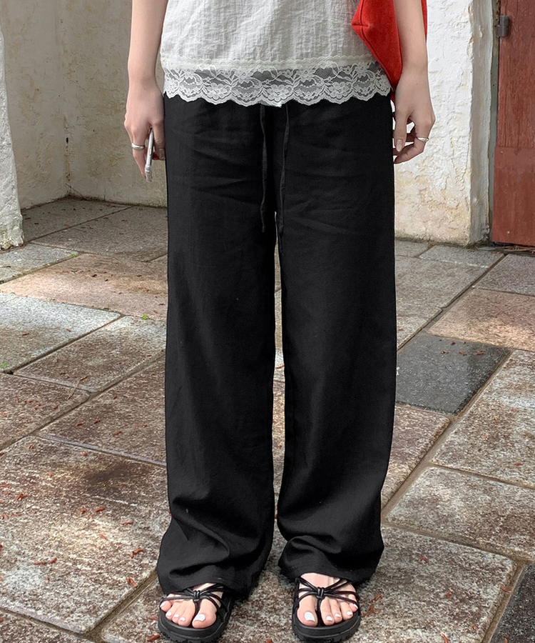 【丈別】ナイロンワイドウエストゴムパンツ BLACK