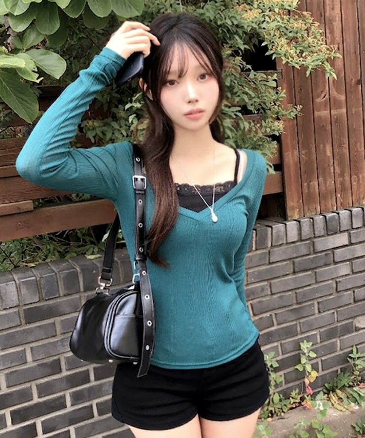 아모스 딥 브이넥 시스루 골지 롱 긴팔 티셔츠 딥그린