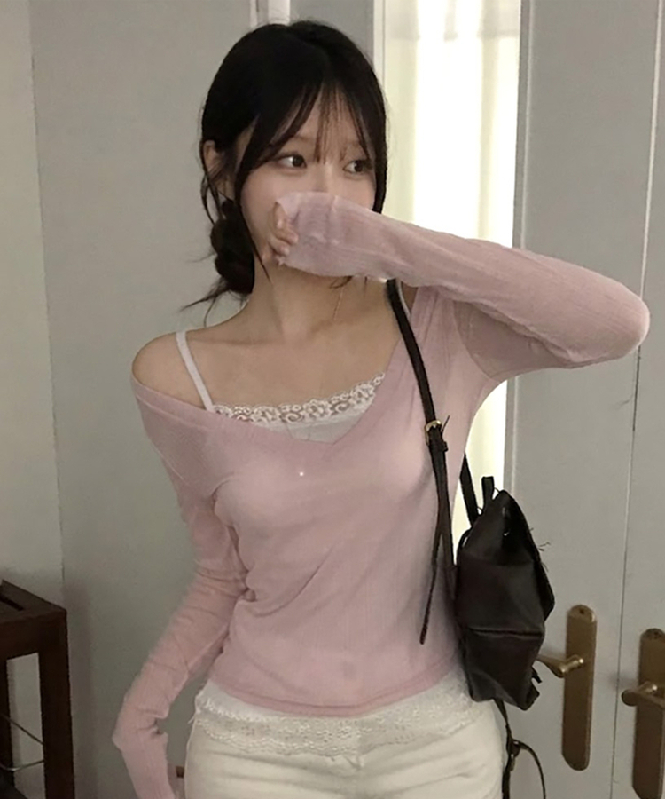 아모스 딥 브이넥 시스루 골지 롱 긴팔 티셔츠 핑크