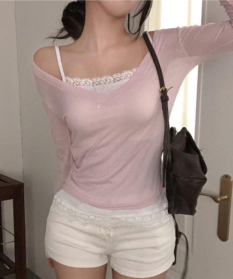 아모스 딥 브이넥 시스루 골지 롱 긴팔 티셔츠 핑크