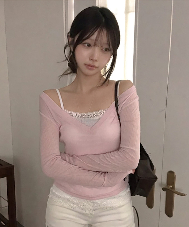 아모스 딥 브이넥 시스루 골지 롱 긴팔 티셔츠 핑크