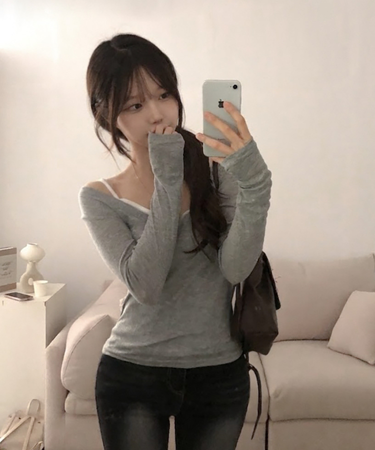 아모스 딥 브이넥 시스루 골지 롱 긴팔 티셔츠 그레이