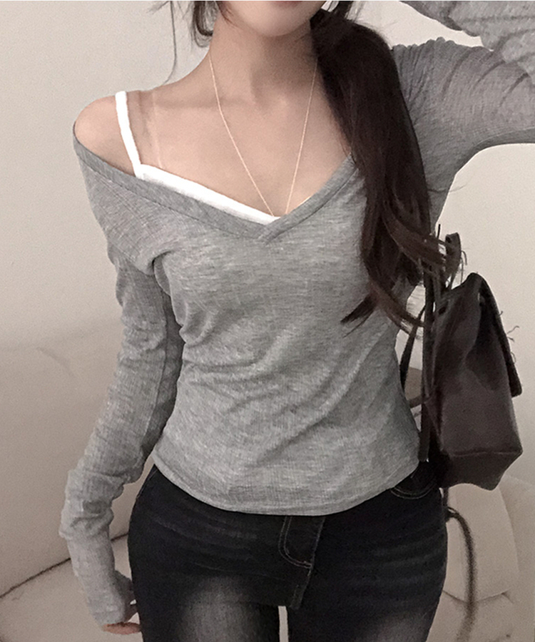 아모스 딥 브이넥 시스루 골지 롱 긴팔 티셔츠 그레이