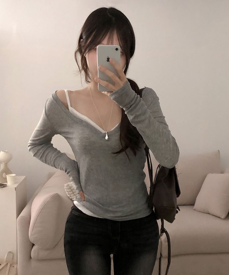 아모스 딥 브이넥 시스루 골지 롱 긴팔 티셔츠 그레이