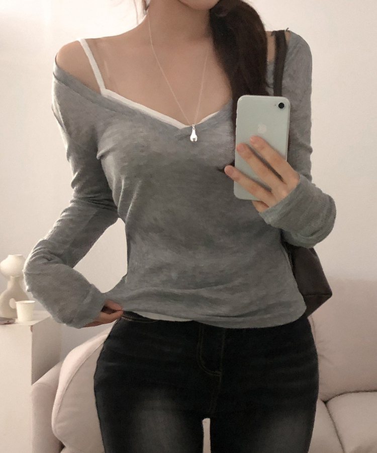 아모스 딥 브이넥 시스루 골지 롱 긴팔 티셔츠 그레이