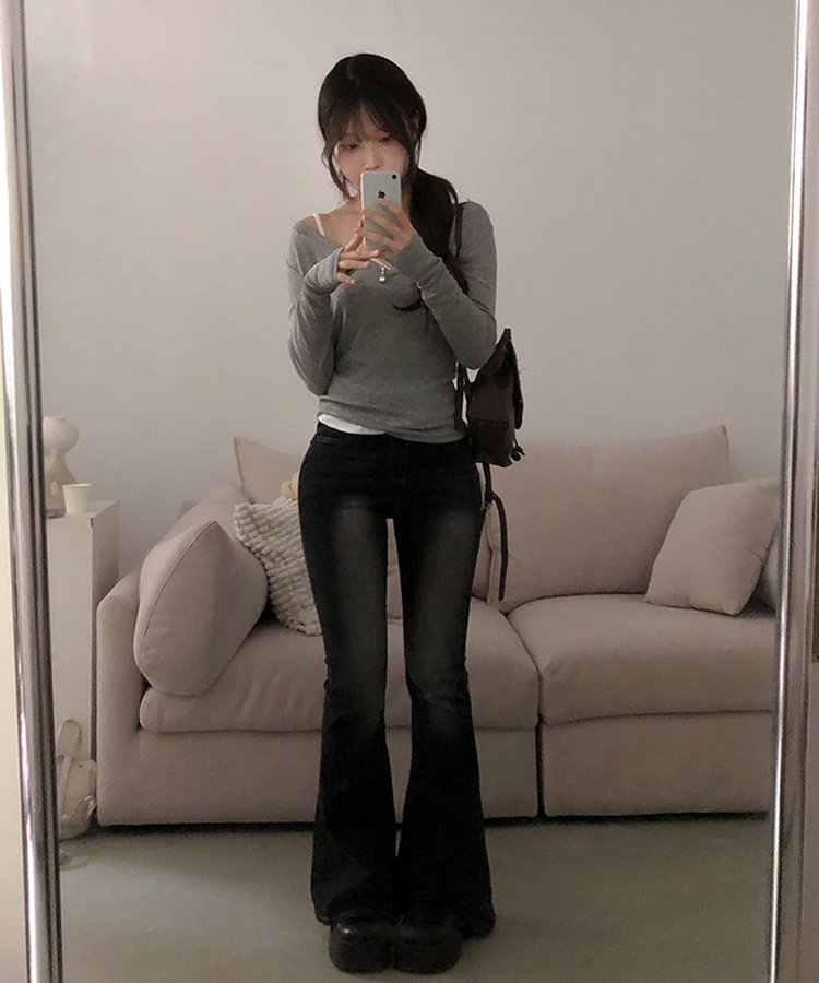 아모스 딥 브이넥 시스루 골지 롱 긴팔 티셔츠 그레이