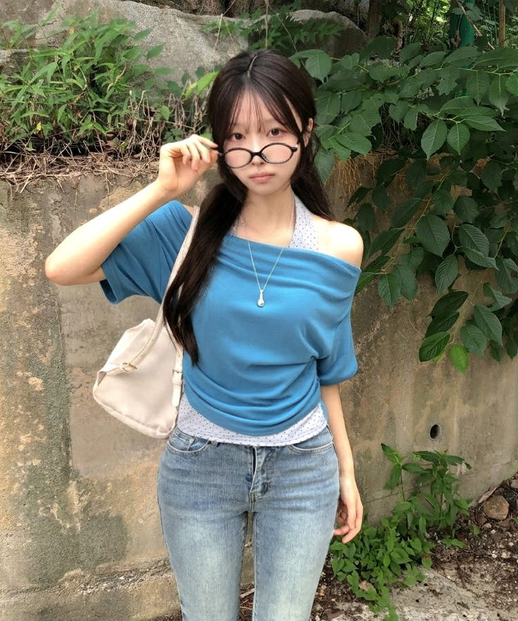 ドットホルターレイヤードオフショル半袖Tシャツ AQUA