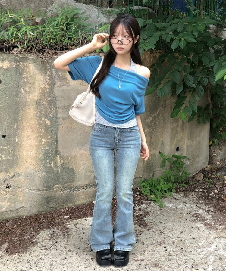 ドットホルターレイヤードオフショル半袖Tシャツ AQUA