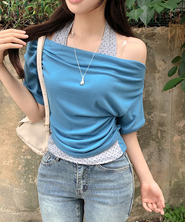 ドットホルターレイヤードオフショル半袖Tシャツ AQUA