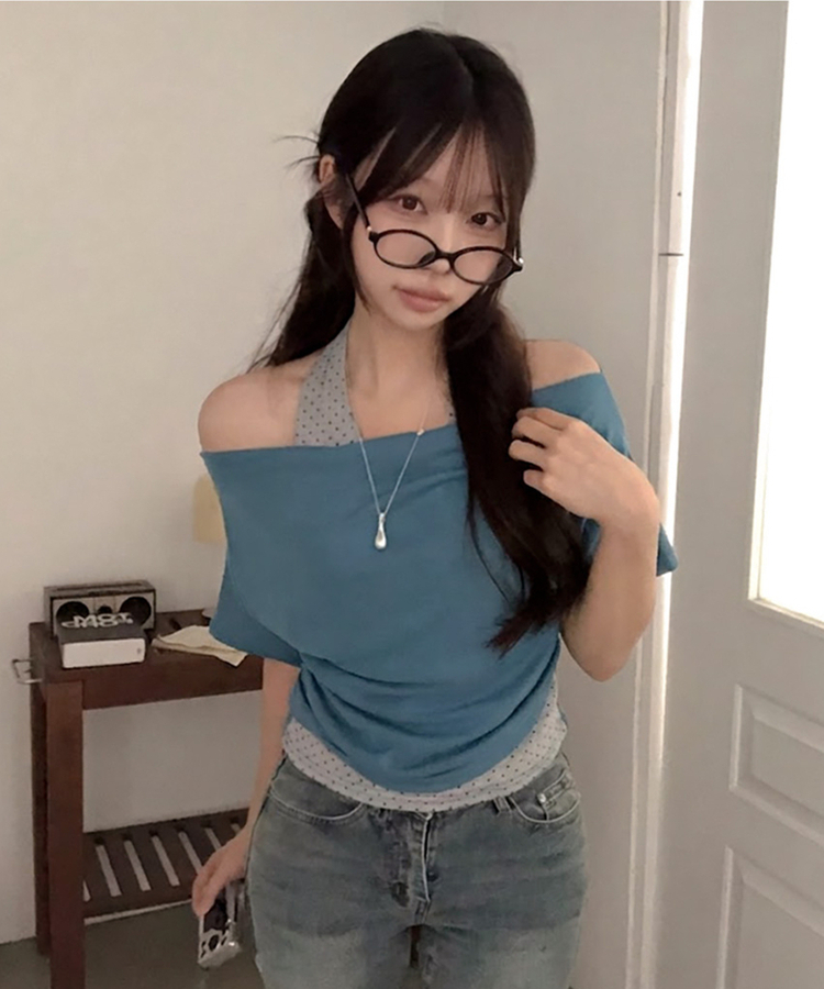 ドットホルターレイヤードオフショル半袖Tシャツ AQUA