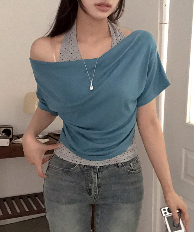 ドットホルターレイヤードオフショル半袖Tシャツ AQUA