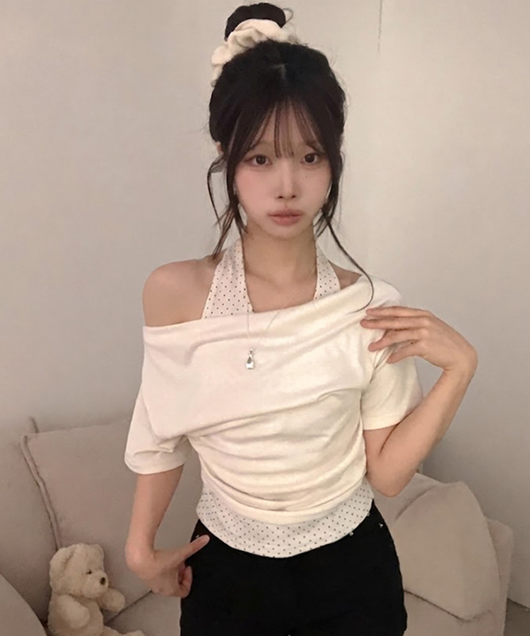 ドットホルターレイヤードオフショル半袖Tシャツ CREAM