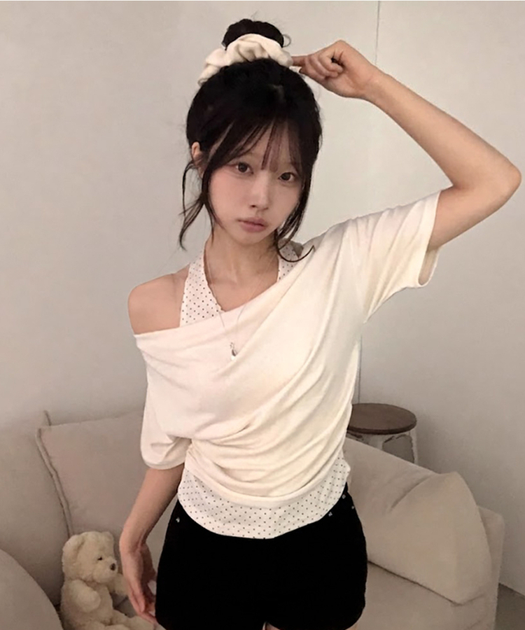 ドットホルターレイヤードオフショル半袖Tシャツ CREAM