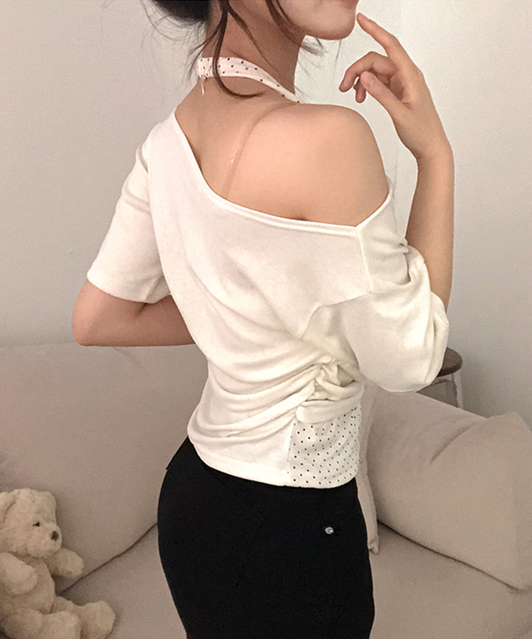 ドットホルターレイヤードオフショル半袖Tシャツ CREAM