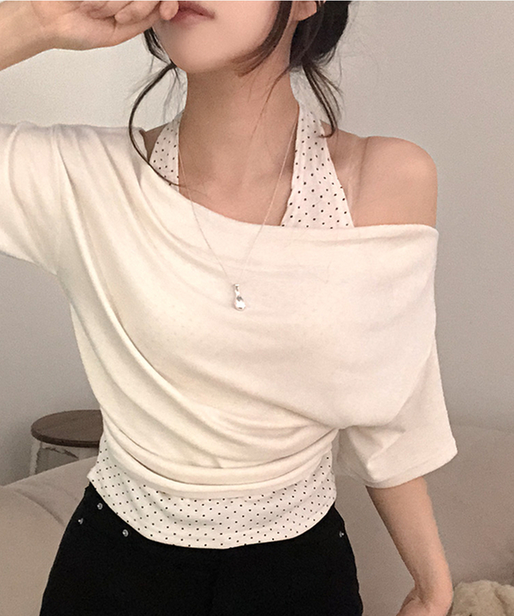ドットホルターレイヤードオフショル半袖Tシャツ CREAM