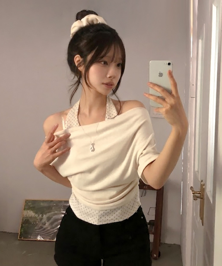 ドットホルターレイヤードオフショル半袖Tシャツ CREAM