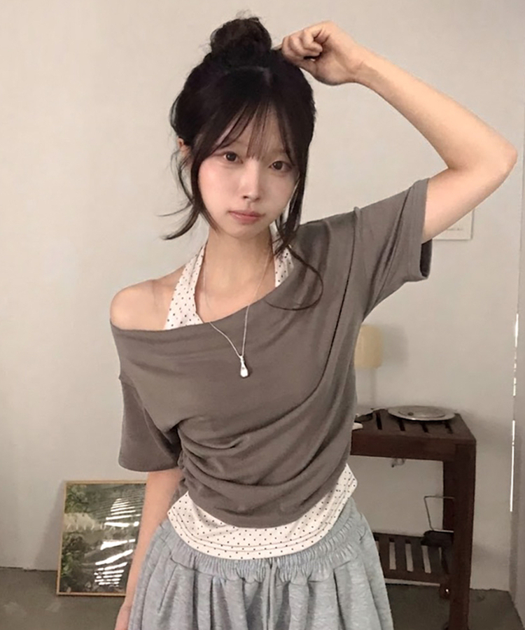ドットホルターレイヤードオフショル半袖Tシャツ KHAKI