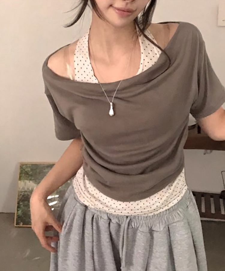 ドットホルターレイヤードオフショル半袖Tシャツ KHAKI