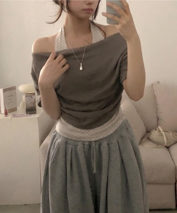 ドットホルターレイヤードオフショル半袖Tシャツ KHAKI