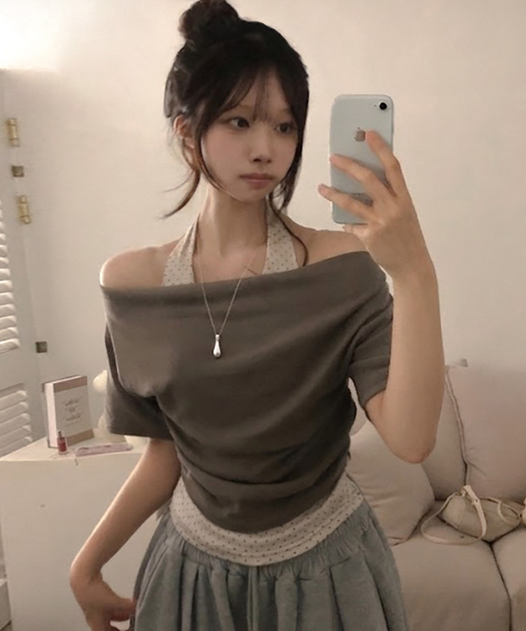 ドットホルターレイヤードオフショル半袖Tシャツ KHAKI