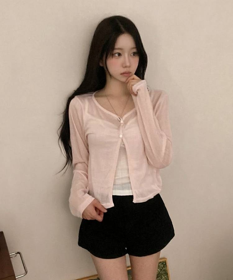 パール調フラワーボタンシアーカーディガン PINK