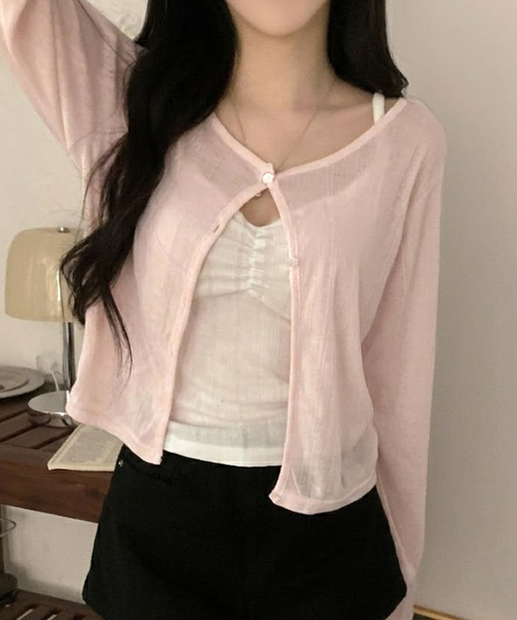 パール調フラワーボタンシアーカーディガン PINK