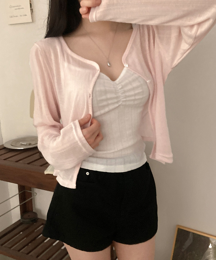 パール調フラワーボタンシアーカーディガン PINK
