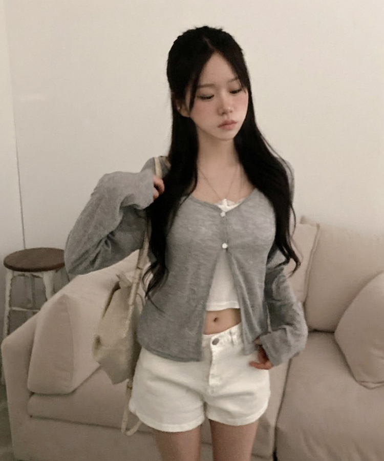 パール調フラワーボタンシアーカーディガン GREY