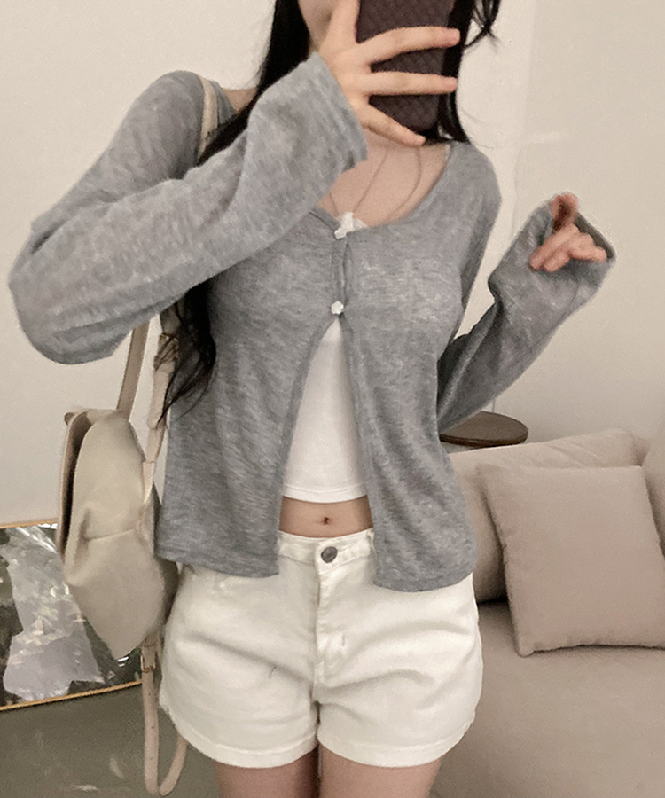 パール調フラワーボタンシアーカーディガン GREY