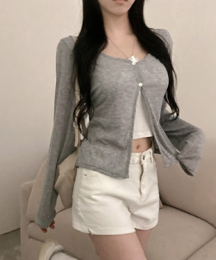 パール調フラワーボタンシアーカーディガン GREY