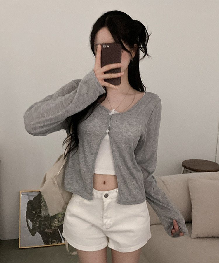 パール調フラワーボタンシアーカーディガン GREY