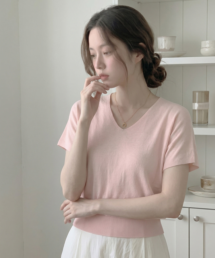 ビスコースVネックサマーニット(5color) LIGHT PINK