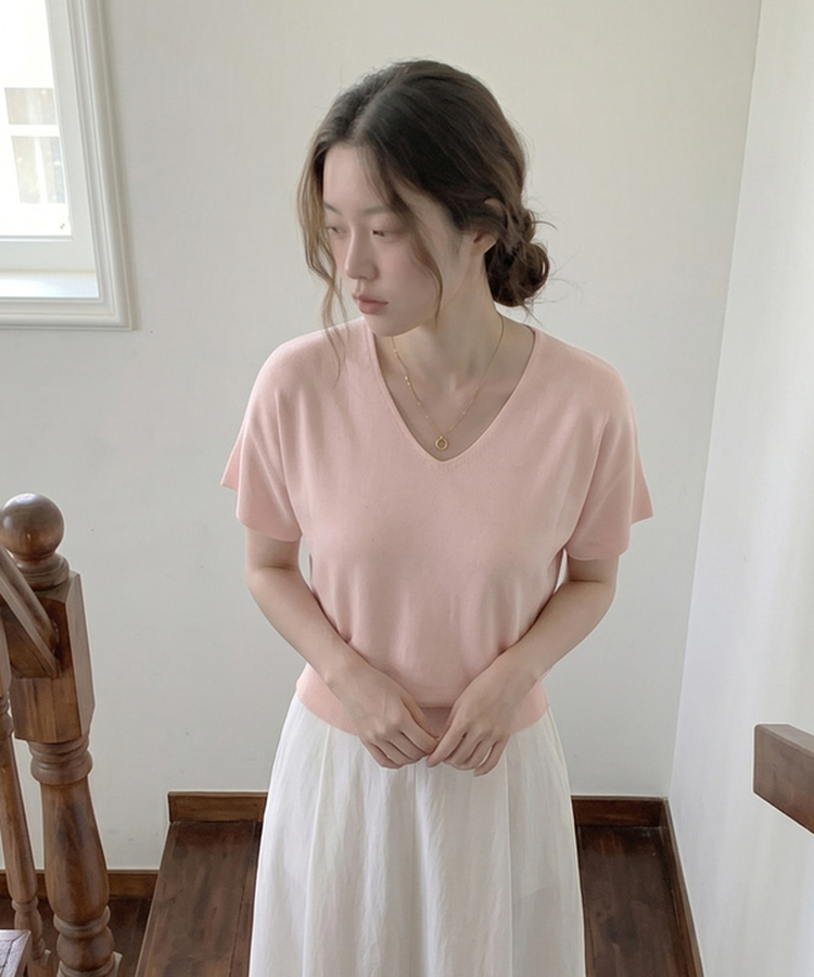 ビスコースVネックサマーニット(5color) LIGHT PINK