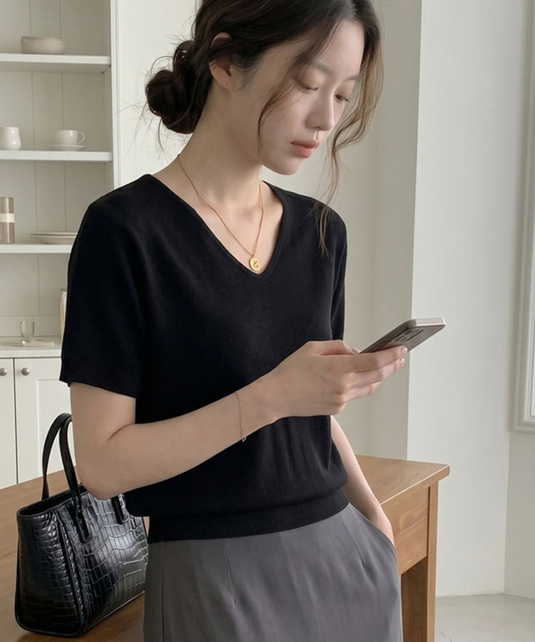 ビスコースVネックサマーニット(5color) BLACK