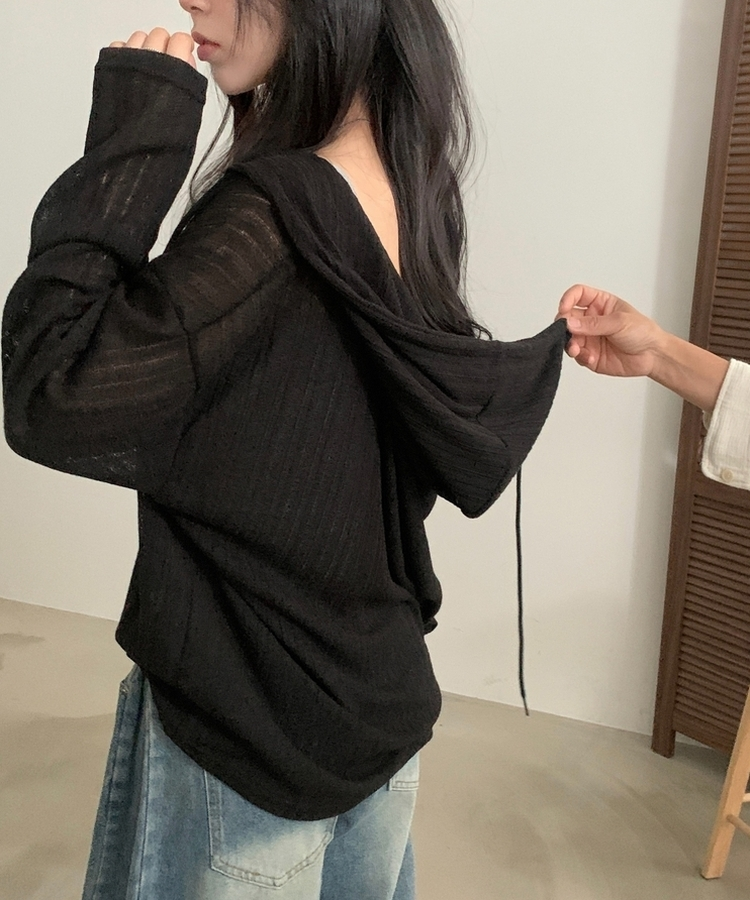 Made 에어리 시스루 투웨이 니트 후드 집업가디건 4color 블랙
