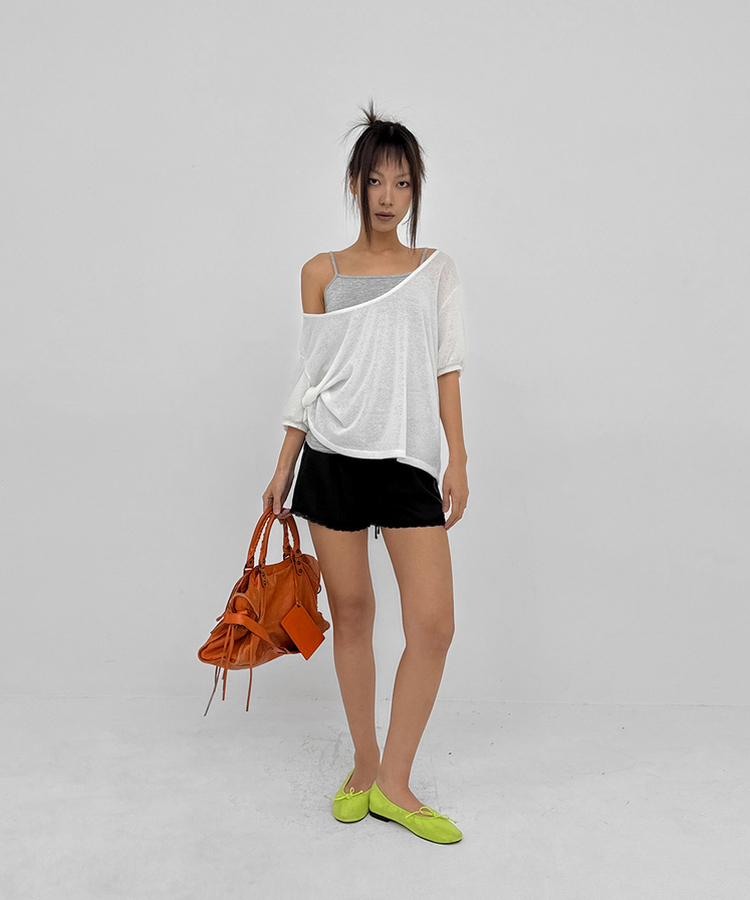 ディープUネックサマーニットTシャツ WHITE