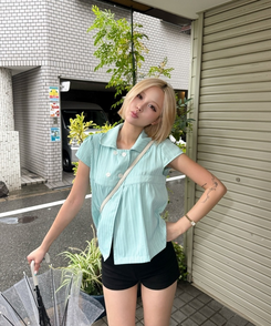 스트라이프 더블 버튼 블라우스 민트