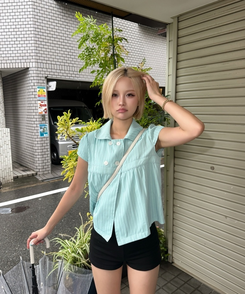 스트라이프 더블 버튼 블라우스 민트