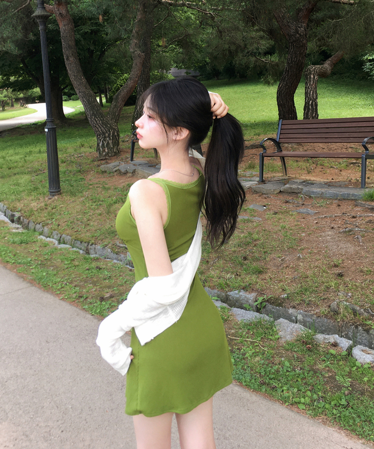 비올라 레이스 미니 나시 원피스 브이넥 골지 캡 슬리브리스 민소매 패치 플레어 데이트룩 여름원피스호캉스룩휴양지룩썸머 그린