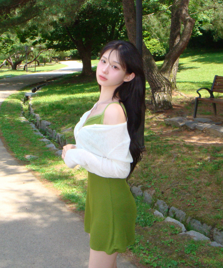 비올라 레이스 미니 나시 원피스 브이넥 골지 캡 슬리브리스 민소매 패치 플레어 데이트룩 여름원피스호캉스룩휴양지룩썸머 그린