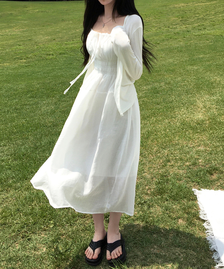 휴양지룩 연유 리본 나시 롱 원피스 스모크밴딩 조절끈 안감내장 체형보정 허리잘록핏 휴가룩 데이트룩 여름원피스여름신상썸머 화이트